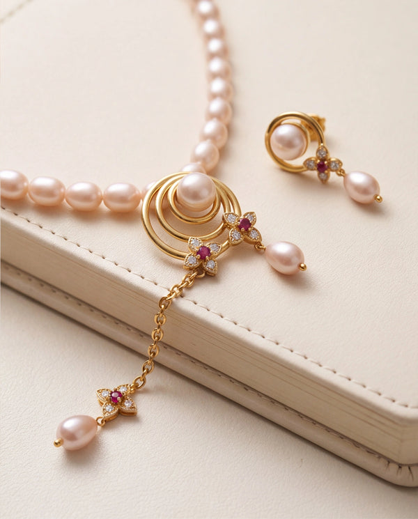 Ruby-Accented Spiral Pearl Drop Necklace Set