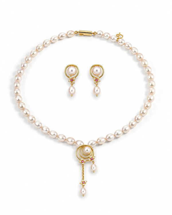 Ruby-Accented Spiral Pearl Drop Necklace Set