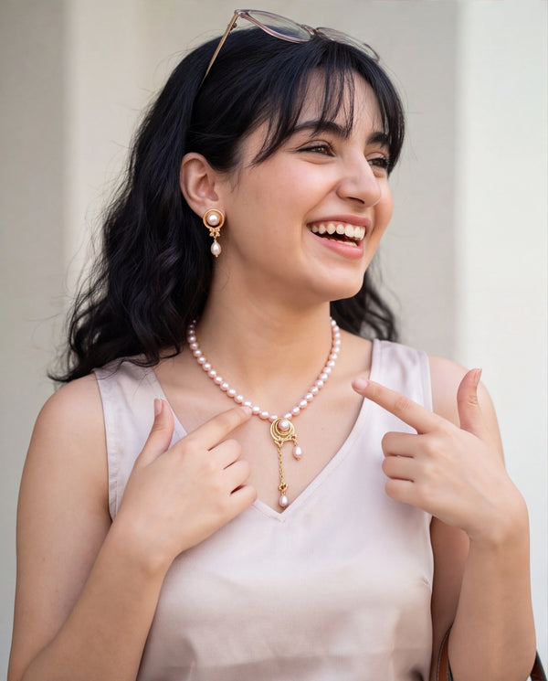 Ruby-Accented Spiral Pearl Drop Necklace Set