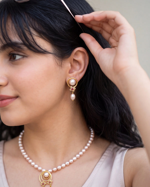 Ruby-Accented Spiral Pearl Drop Necklace Set