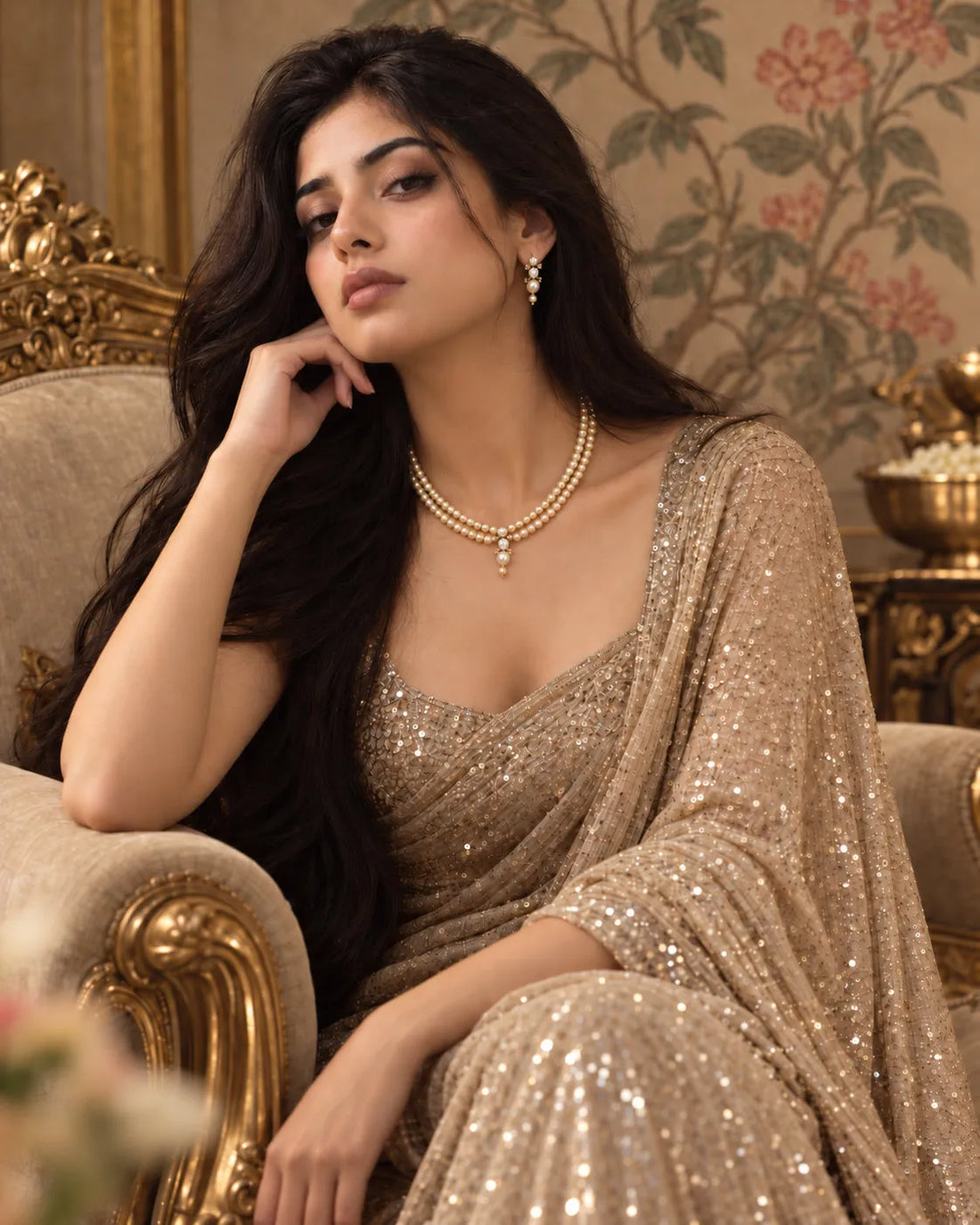 Gold-Plated Double-Strand Graduated Peach Pearl Necklace Set