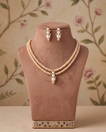 Gold-Plated Double-Strand Graduated Peach Pearl Necklace Set