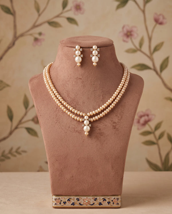 Gold-Plated Double-Strand Graduated Peach Pearl Necklace Set