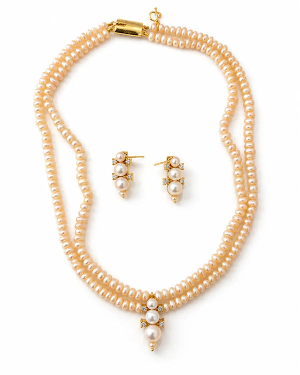Gold-Plated Double-Strand Graduated Peach Pearl Necklace Set