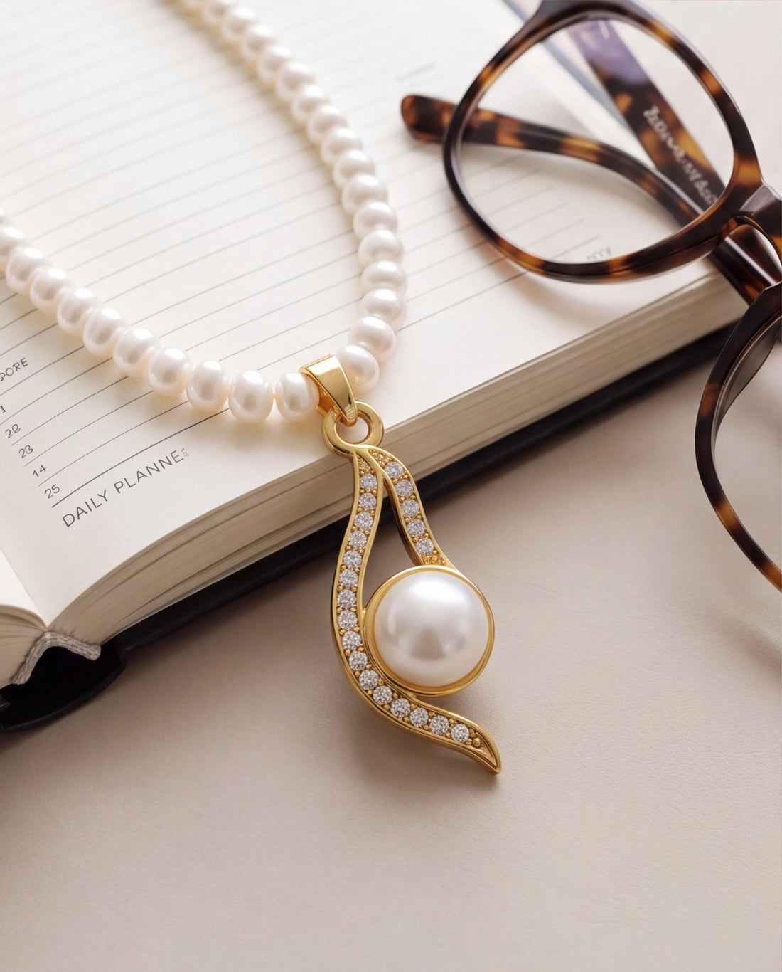 Sinuous Curve & Freshwater Pearl Pendant Necklace Set