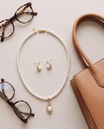 Sinuous Curve & Freshwater Pearl Pendant Necklace Set
