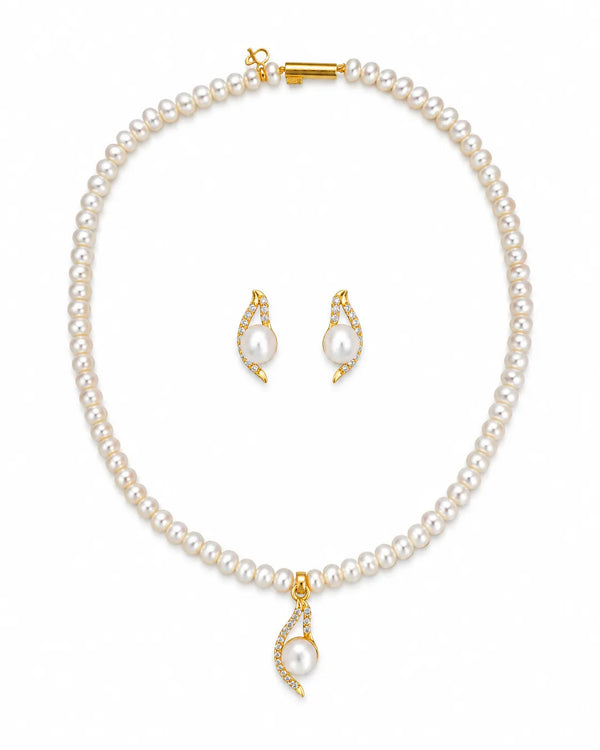 Sinuous Curve & Freshwater Pearl Pendant Necklace Set