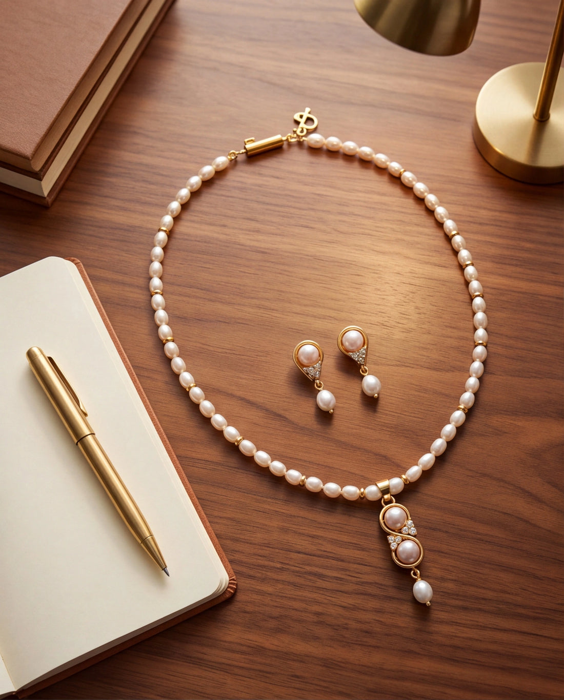 Classic Freshwater Pearl Strand Necklace & Drop Earrings Set with CZ Accents
