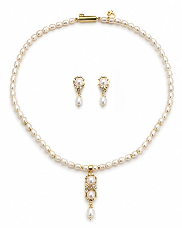 Classic Freshwater Pearl Strand Necklace & Drop Earrings Set with CZ Accents