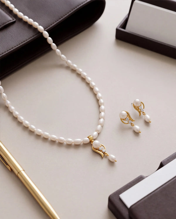Curved Leaf Pearl Drop Necklace Set with CZ Accents
