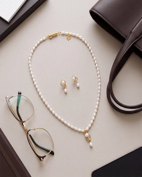 Curved Leaf Pearl Drop Necklace Set with CZ Accents