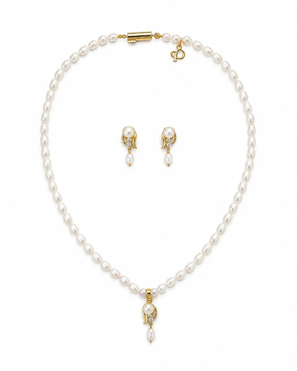 Curved Leaf Pearl Drop Necklace Set with CZ Accents