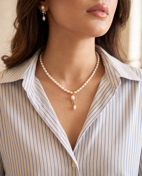 Curved Leaf Pearl Drop Necklace Set with CZ Accents