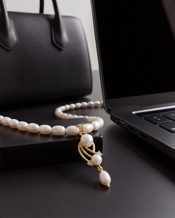 Twisted Ribbon Pearl Drop Necklace Set with CZ Accents