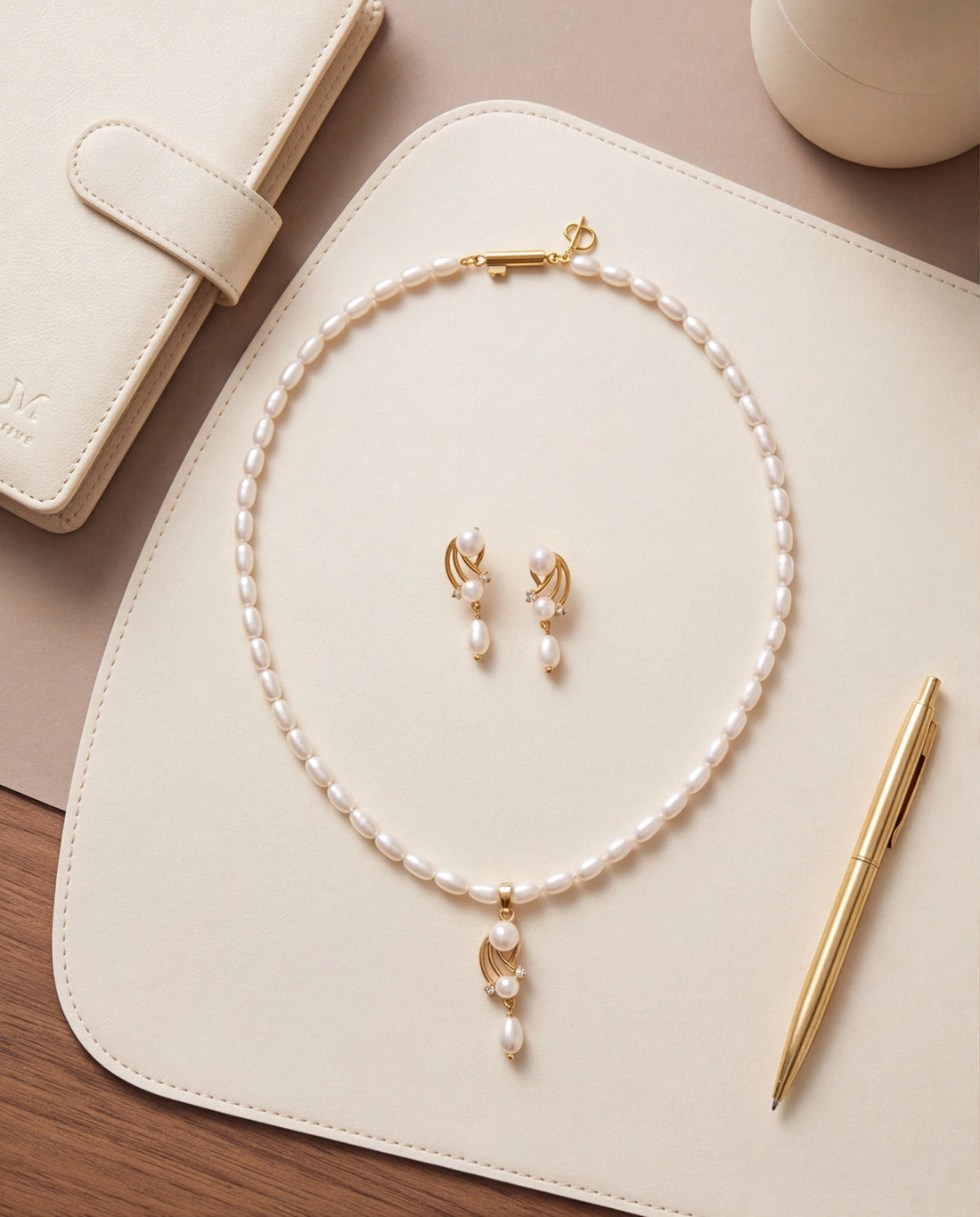 Twisted Ribbon Pearl Drop Necklace Set with CZ Accents