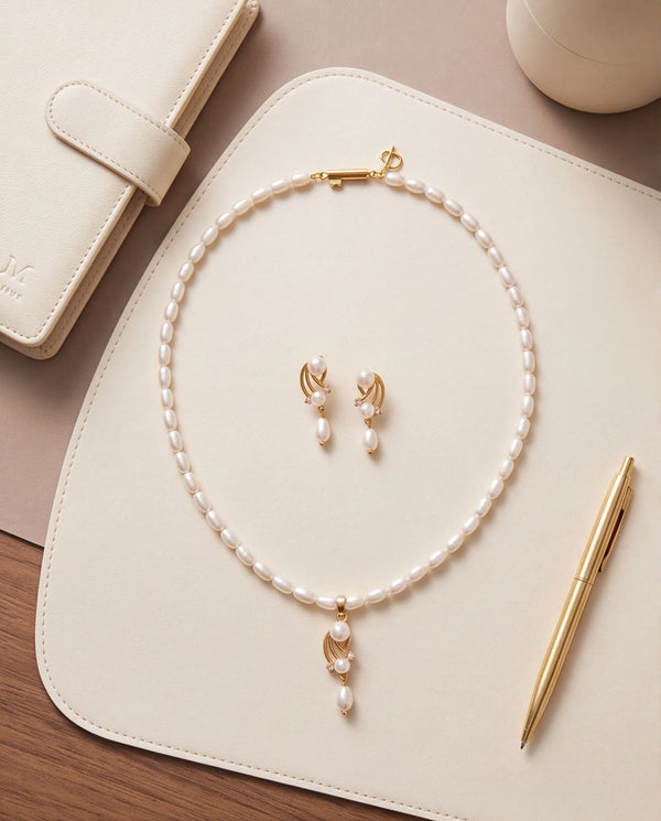 Twisted Ribbon Pearl Drop Necklace Set with CZ Accents