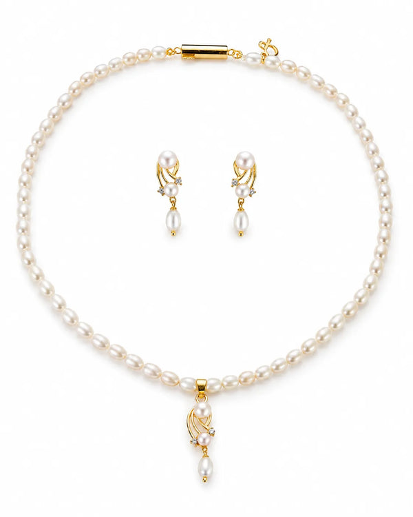 Twisted Ribbon Pearl Drop Necklace Set with CZ Accents