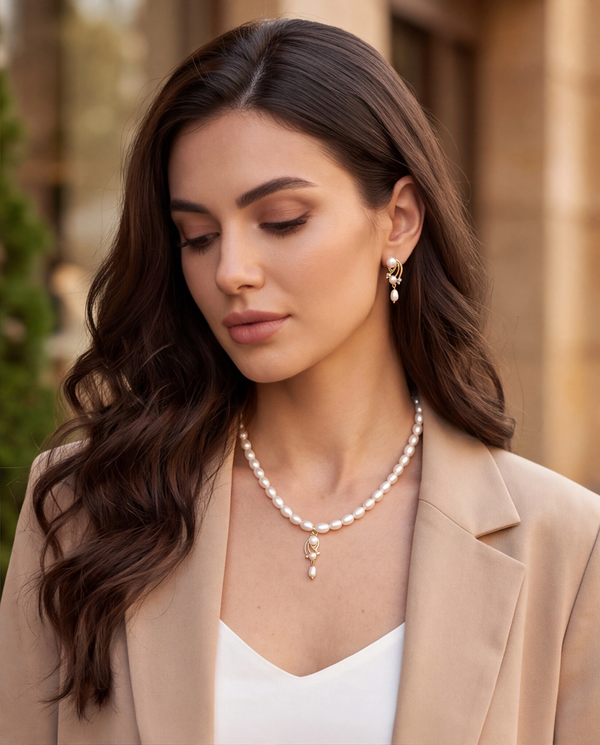 Twisted Ribbon Pearl Drop Necklace Set with CZ Accents