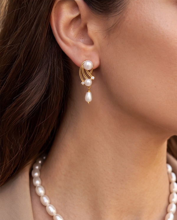 Twisted Ribbon Pearl Drop Necklace Set with CZ Accents