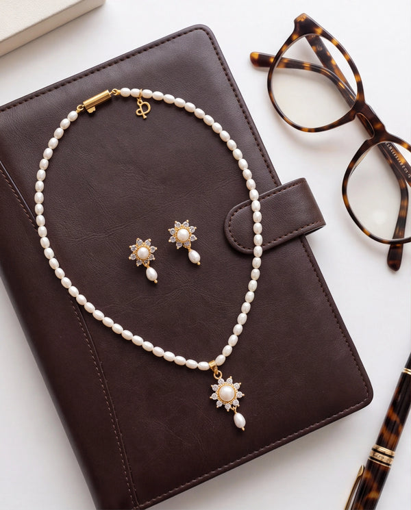 Sunburst Flower Pearl Drop Necklace Set with CZ Accents