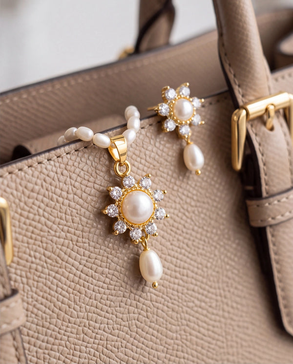 Sunburst Flower Pearl Drop Necklace Set with CZ Accents