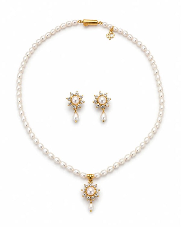 Sunburst Flower Pearl Drop Necklace Set with CZ Accents