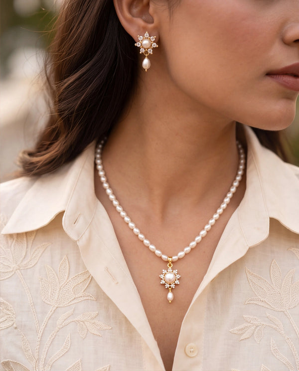 Sunburst Flower Pearl Drop Necklace Set with CZ Accents