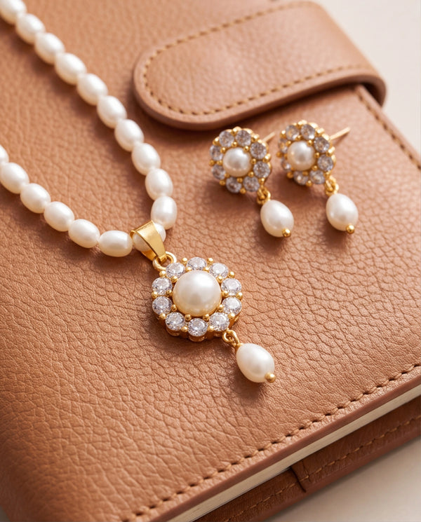 Floral Halo Pearl Drop Necklace Set with CZ Accents