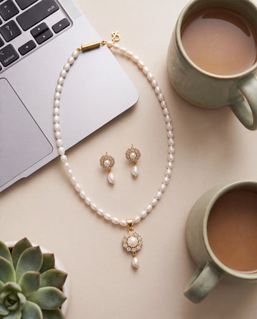 Floral Halo Pearl Drop Necklace Set with CZ Accents