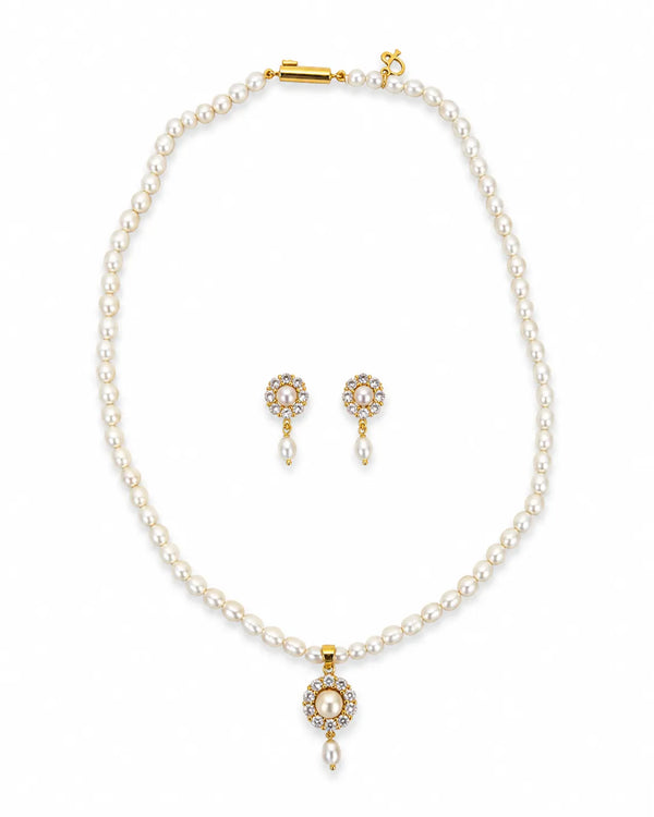 Floral Halo Pearl Drop Necklace Set with CZ Accents