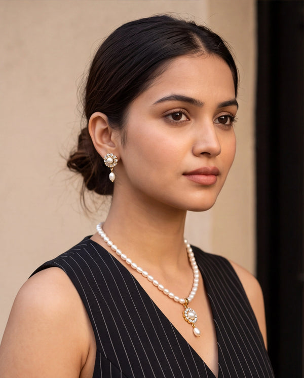 Floral Halo Pearl Drop Necklace Set with CZ Accents