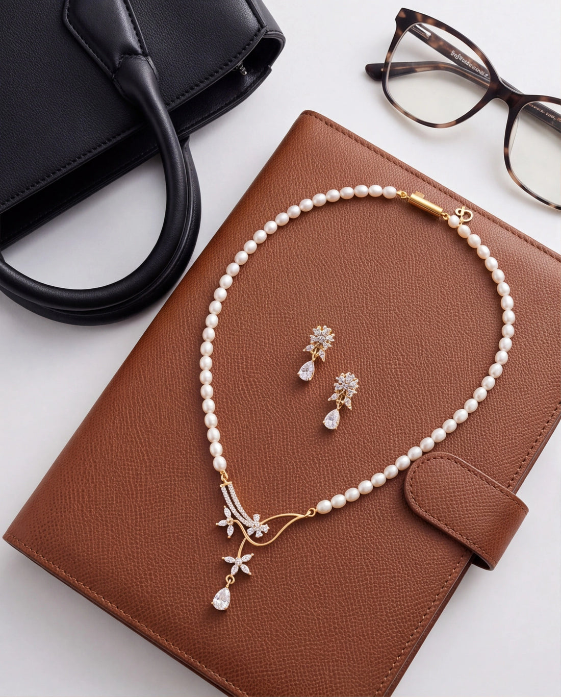Floral Vine & Pear-Cut CZ Freshwater Pearl Necklace Set