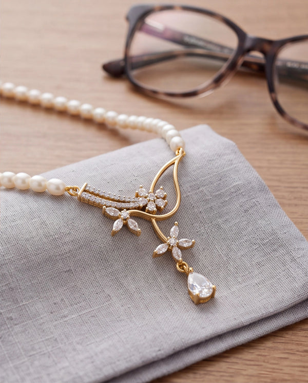 Floral Vine & Pear-Cut CZ Freshwater Pearl Necklace Set