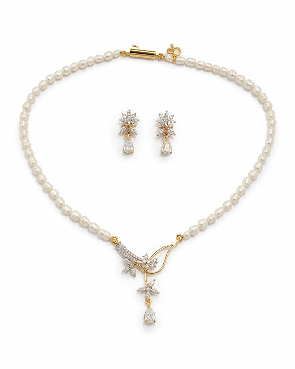 Floral Vine & Pear-Cut CZ Freshwater Pearl Necklace Set