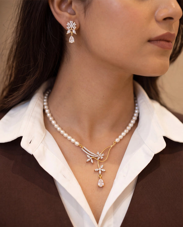 Floral Vine & Pear-Cut CZ Freshwater Pearl Necklace Set