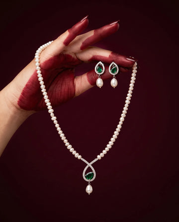 Silver-Tone Emerald-Cut Gemstone Teardrop Pearl Necklace Set