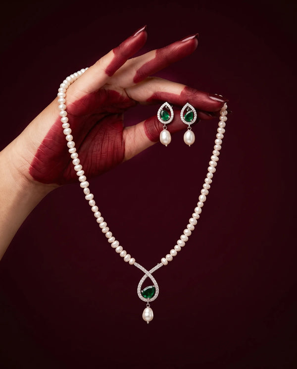 Silver-Tone Emerald-Cut Gemstone Teardrop Pearl Necklace Set