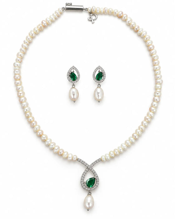 Silver-Tone Emerald-Cut Gemstone Teardrop Pearl Necklace Set