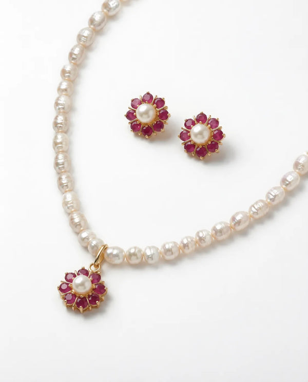 Timeless Ruby-Red Bloom & Pearl Jewellery Set