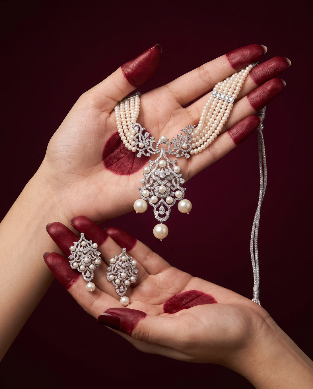 Silver-Tone Four-Strand Pearl Intricate CZ Chandelier Choker Jewellery  Set