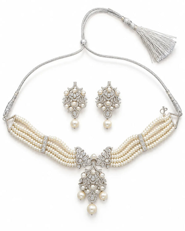 Silver-Tone Four-Strand Pearl Intricate CZ Chandelier Choker Jewellery  Set