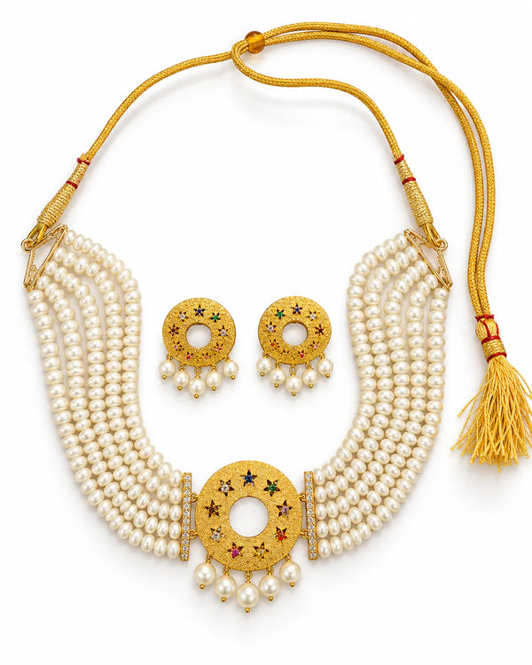 Gold-Tone Multi-Strand Pearl Chocker Jewellery Set