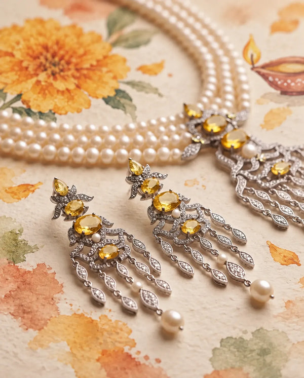 Silver-Tone Yellow CZ & Four-Strand Pearl Chandelier Choker Necklace Set
