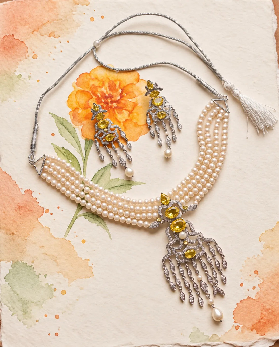 Silver-Tone Yellow CZ & Four-Strand Pearl Chandelier Choker Necklace Set