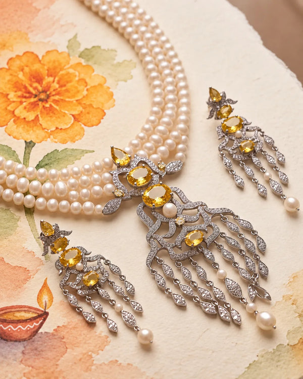 Silver-Tone Yellow CZ & Four-Strand Pearl Chandelier Choker Necklace Set