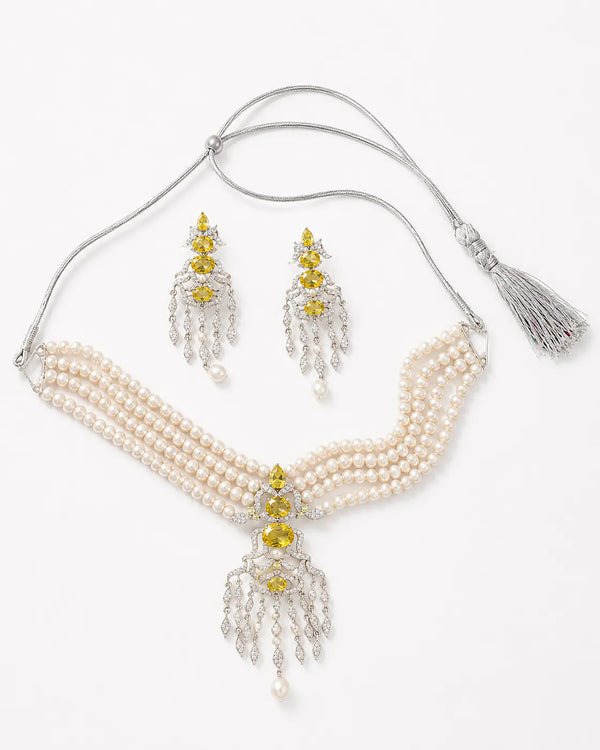 Silver-Tone Yellow CZ & Four-Strand Pearl Chandelier Choker Necklace Set