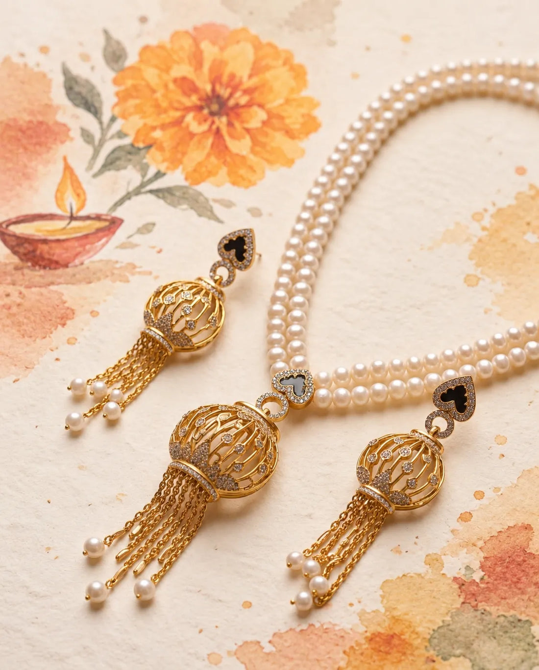 Gold-Tone Double-Strand Pearl Necklace Set with Black Enamel Accents