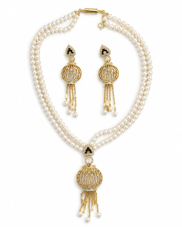 Gold-Tone Double-Strand Pearl Necklace Set with Black Enamel Accents