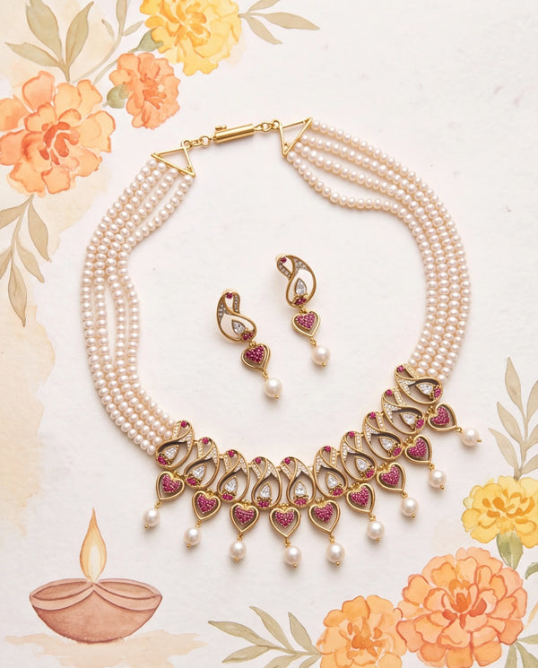 Gold-Tone Four-Strand Pearl Jewellery Set with Ruby-Red CZ Accents
