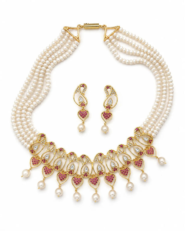 Gold-Tone Four-Strand Pearl Jewellery Set with Ruby-Red CZ Accents